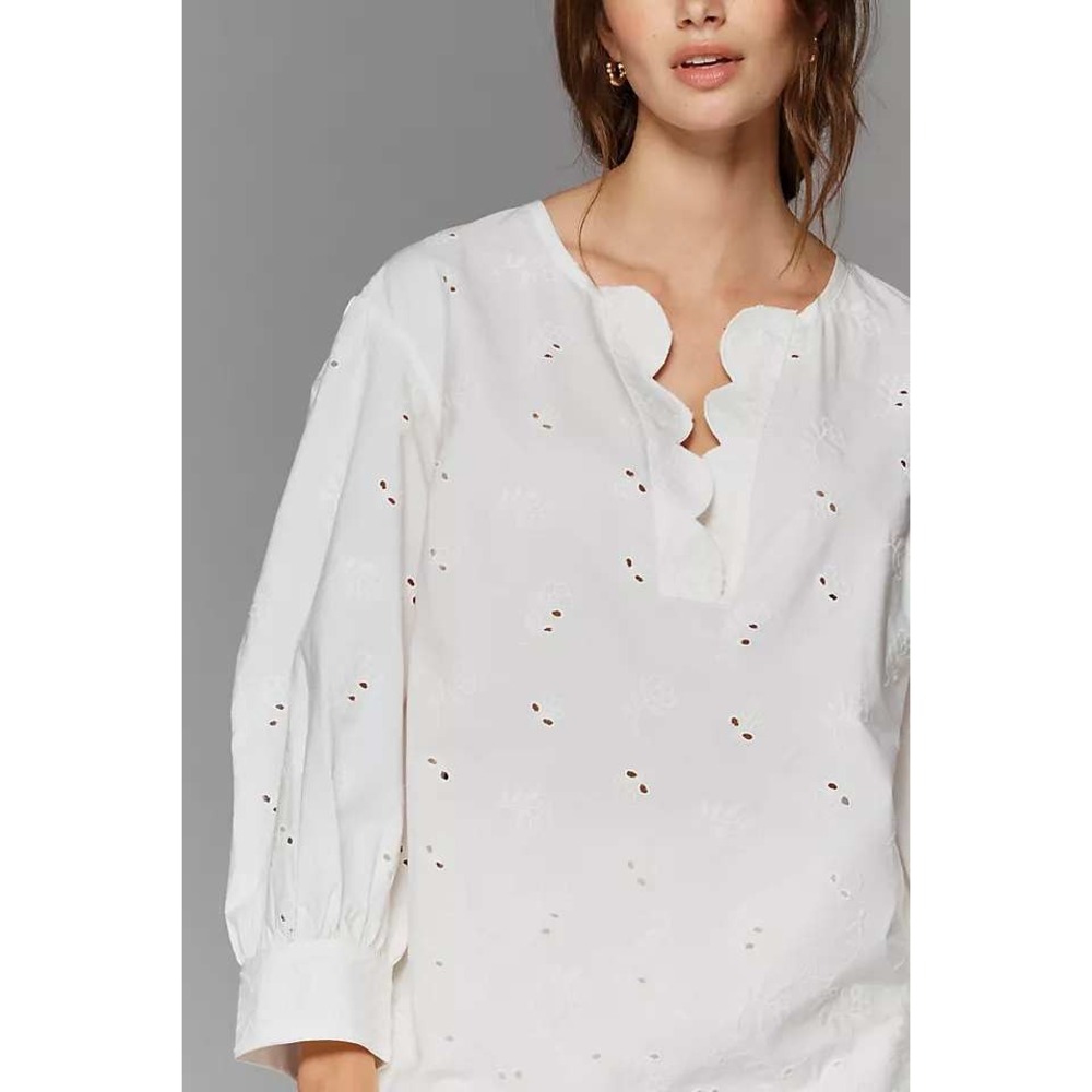 Anthropologie High Rise Cotton Poplin Eyelet Scalloped Balloon Sleeve S NEW
